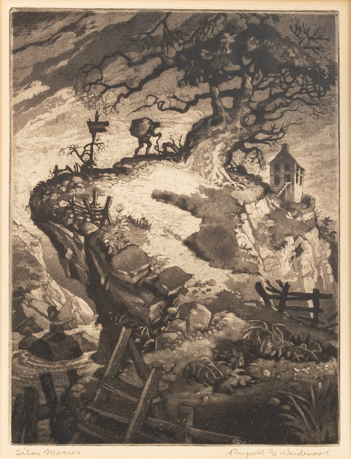 Black and white print of a scene of a hill with ladder access and a large tree and small building.